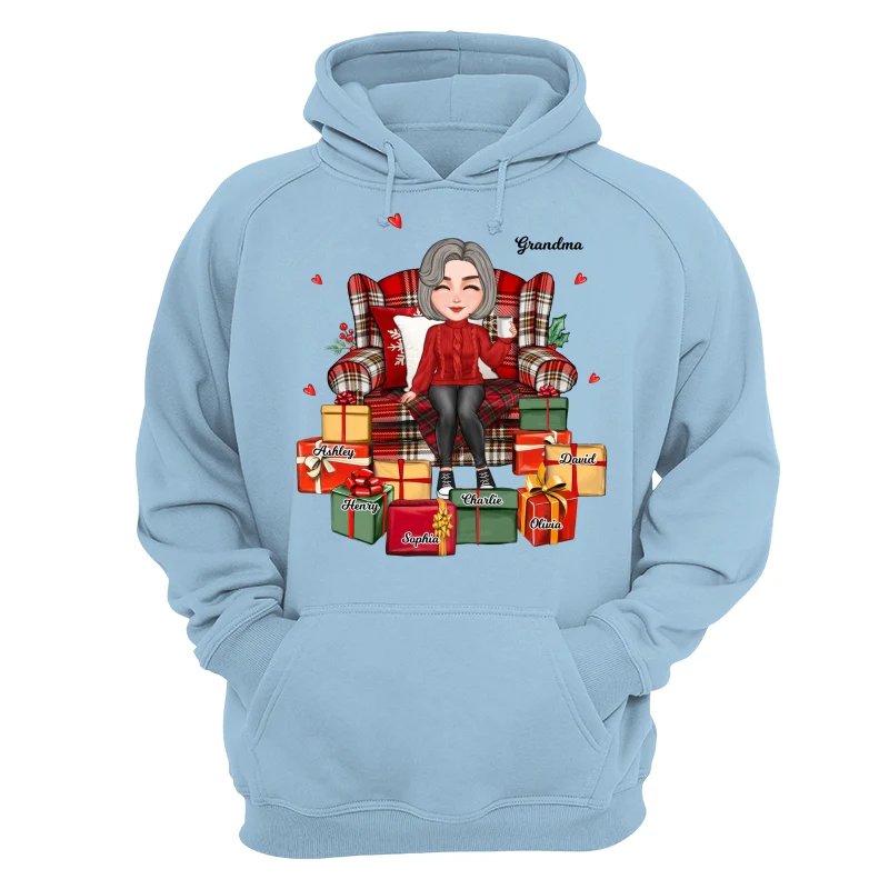 Christmas Cute Grandma Sitting On Chair Favorite Gifts Kids Names Personalized Shirt - Image 16