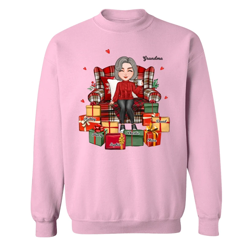 Christmas Cute Grandma Sitting On Chair Favorite Gifts Kids Names Personalized Shirt - Image 19
