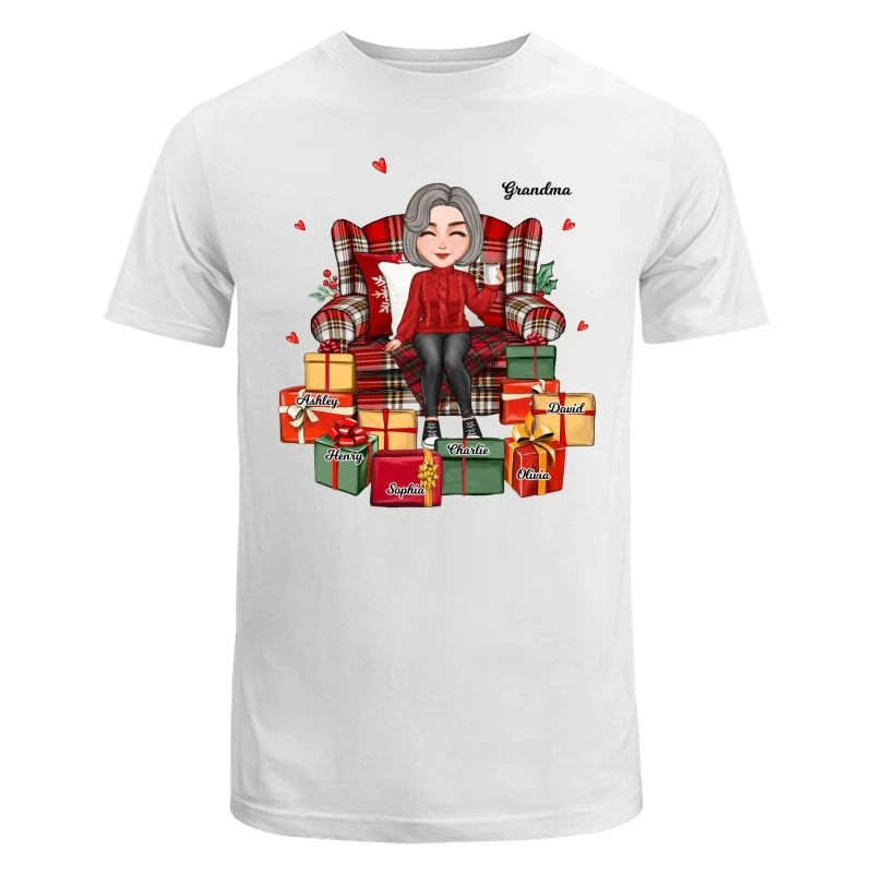 Christmas Cute Grandma Sitting On Chair Favorite Gifts Kids Names Personalized Shirt - Image 5