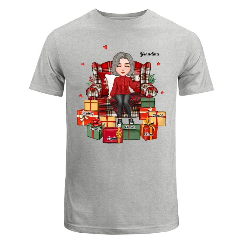 Christmas Cute Grandma Sitting On Chair Favorite Gifts Kids Names Personalized Shirt - Image 6