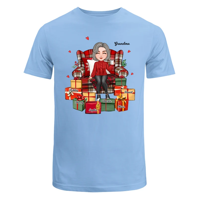 Christmas Cute Grandma Sitting On Chair Favorite Gifts Kids Names Personalized Shirt - Image 8