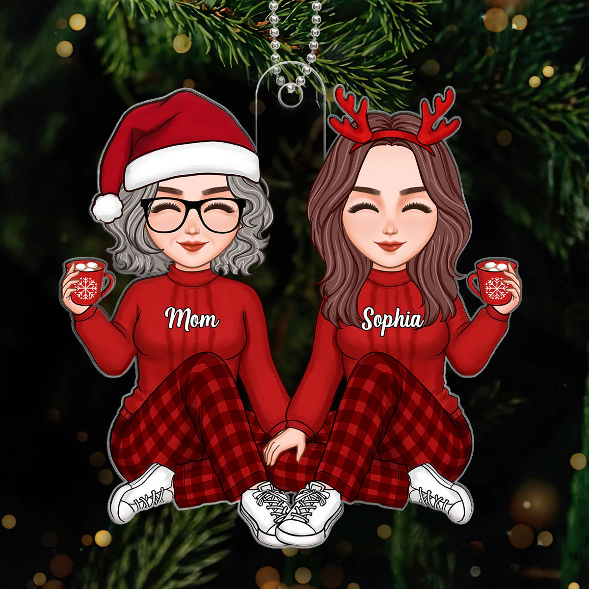 Christmas Cute Mom Daughter Sitting Personalized Acrylic Ornament
