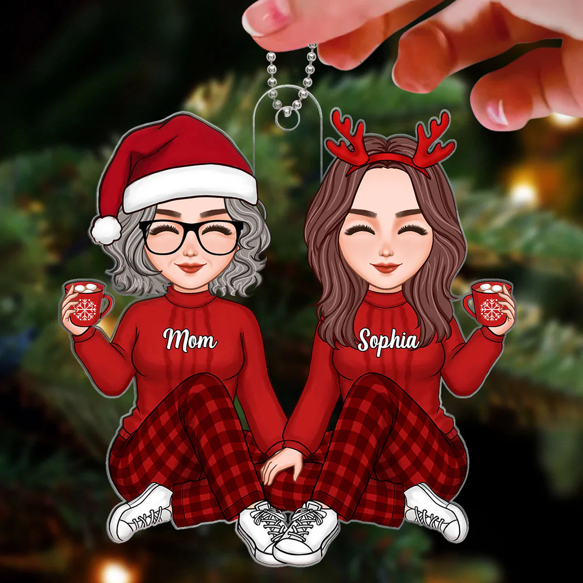 Christmas Cute Mom Daughter Sitting Personalized Acrylic Ornament - Image 3