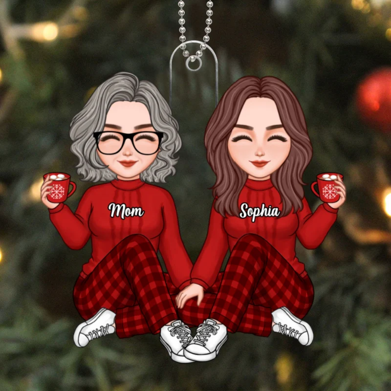 Christmas Cute Mom Daughter Sitting Personalized Acrylic Ornament - Image 5
