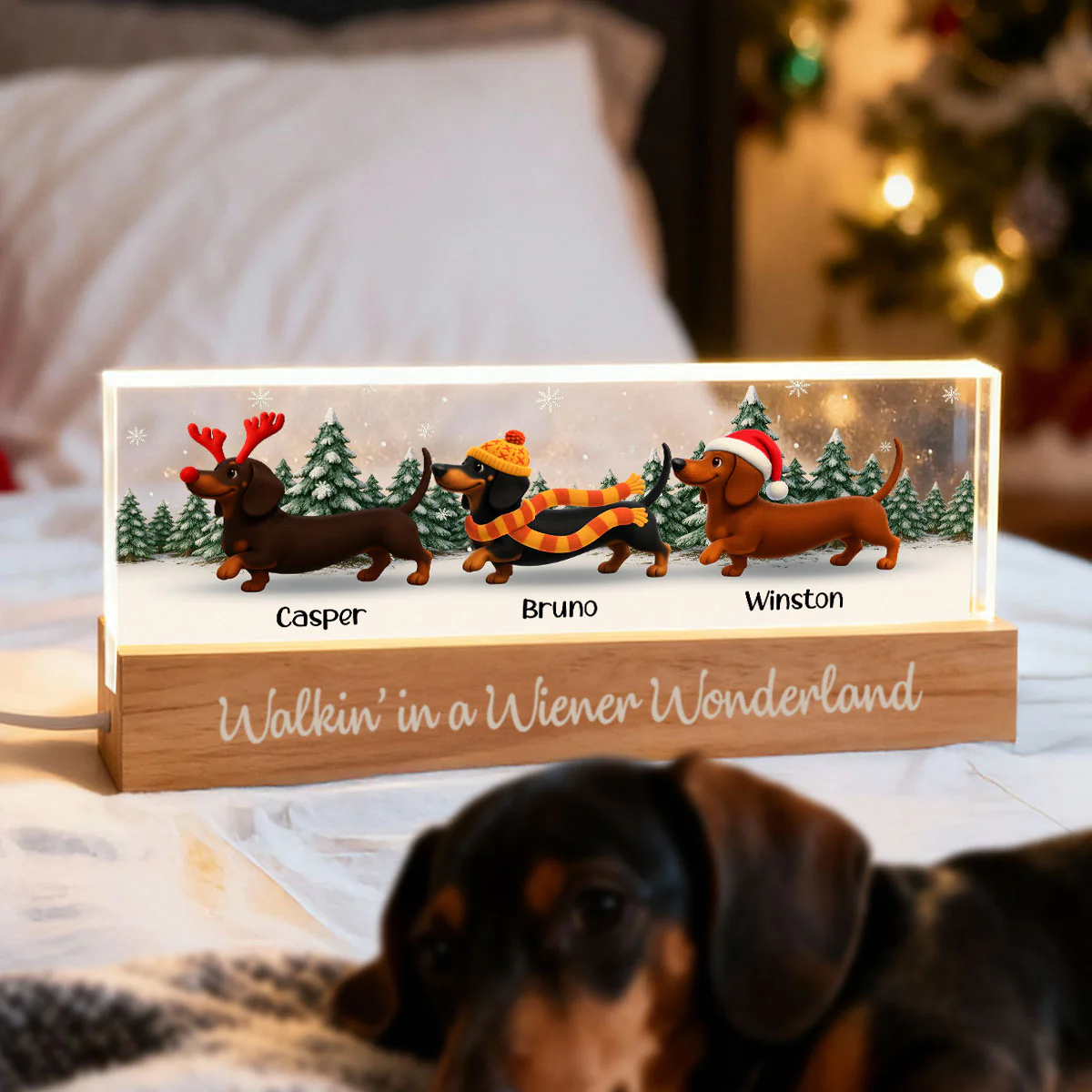 Christmas Dachshunds Walking In A Wiener Wonderland - Personalized Acrylic Block Plaque LED Night Light - Image 5