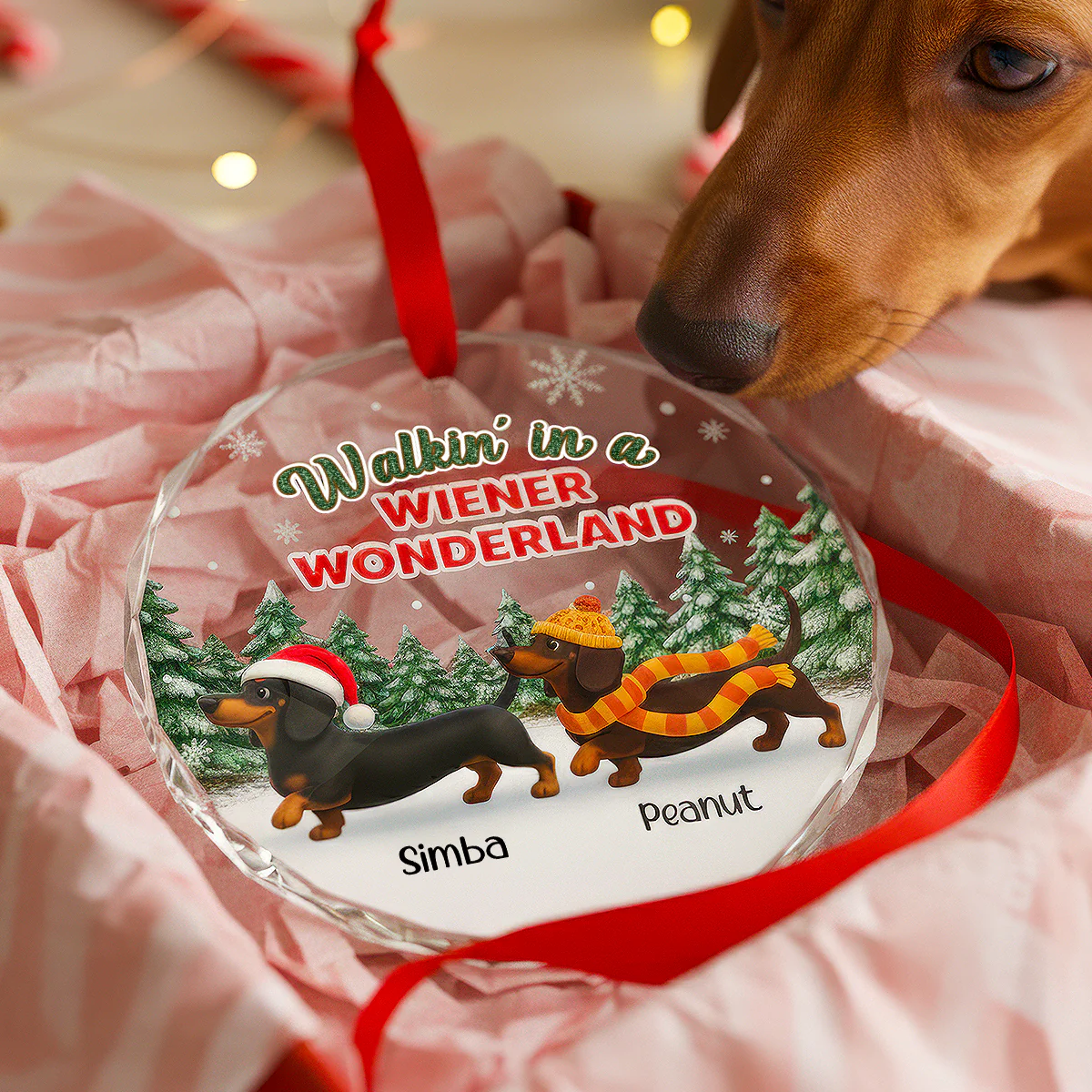 Christmas Dachshunds Walking In A Wiener Wonderland - Personalized Glass Ornament - Image 4