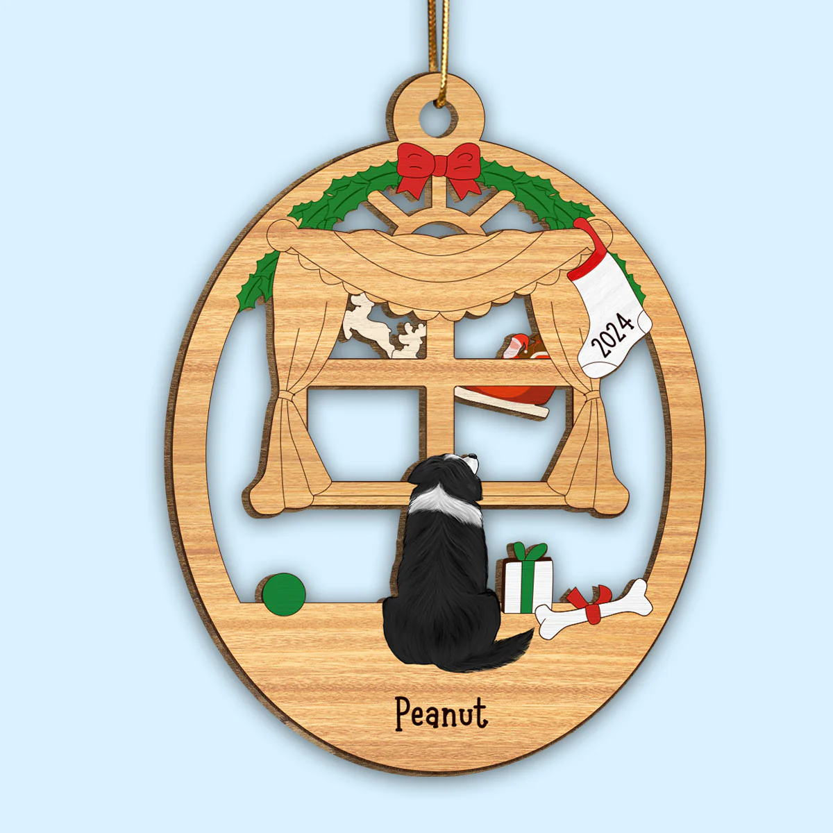 Christmas Dogs Sitting By The Window Personalized Wooden Ornament - Image 2