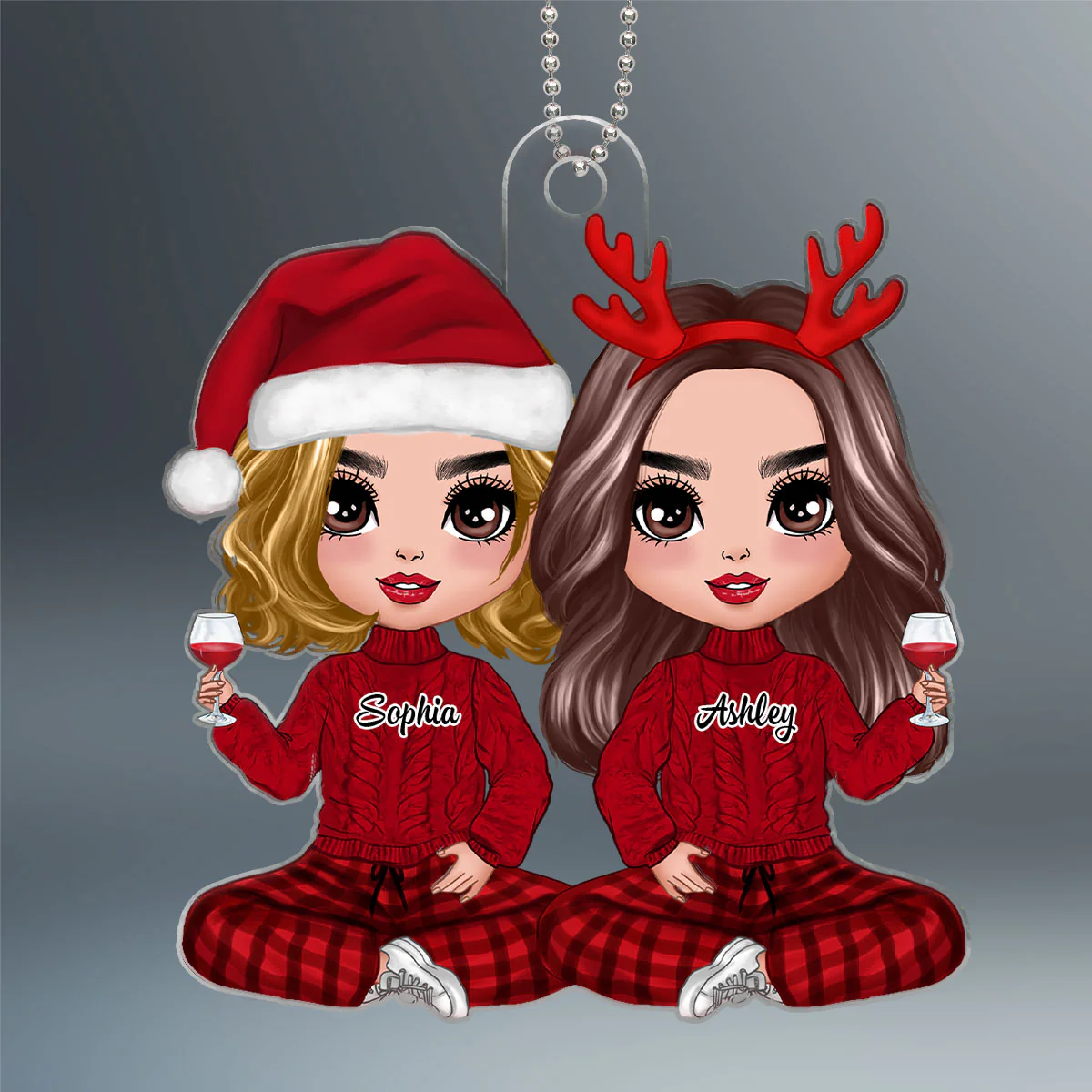 Christmas Doll Best Friends Sisters Sitting Personalized Acrylic Ornament - Image 2