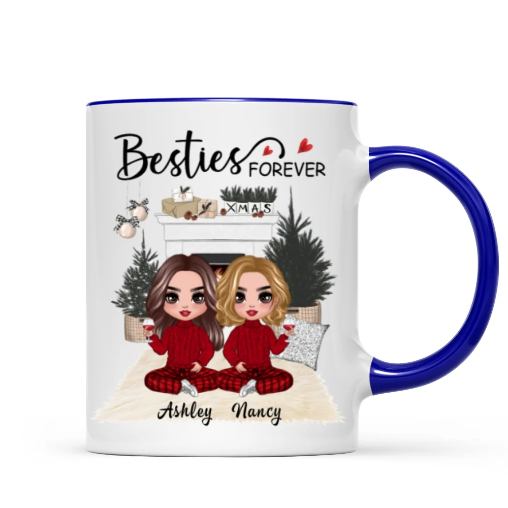 Christmas Doll Besties At Fireplace Personalized Mug - Image 3