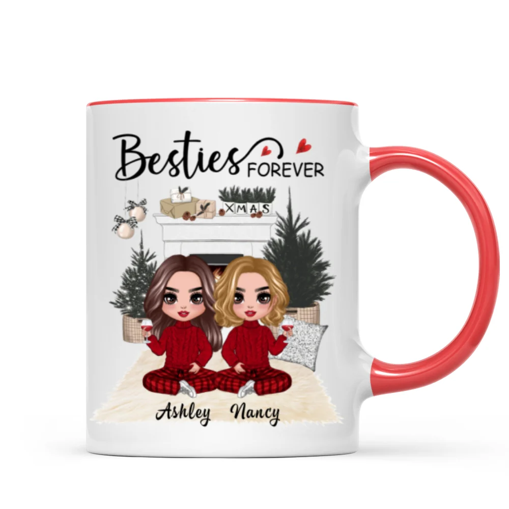 Christmas Doll Besties At Fireplace Personalized Mug - Image 4