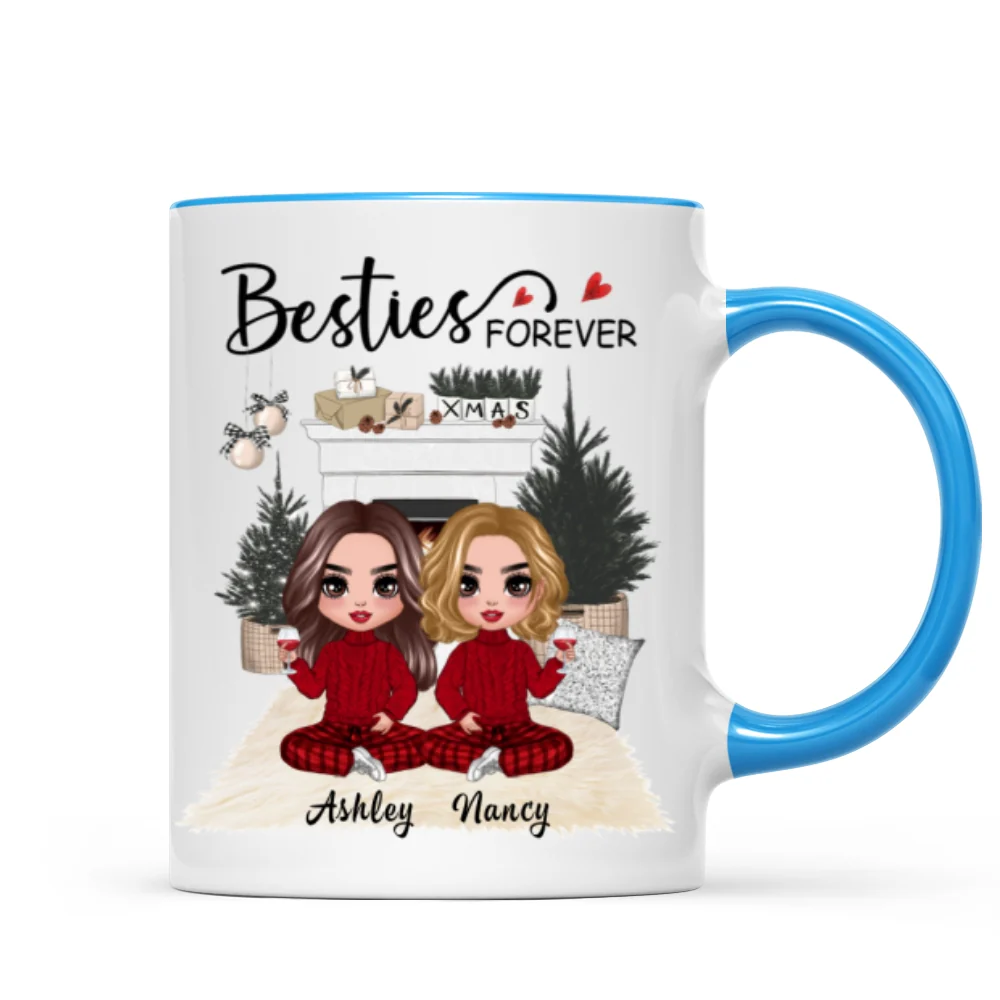 Christmas Doll Besties At Fireplace Personalized Mug - Image 5