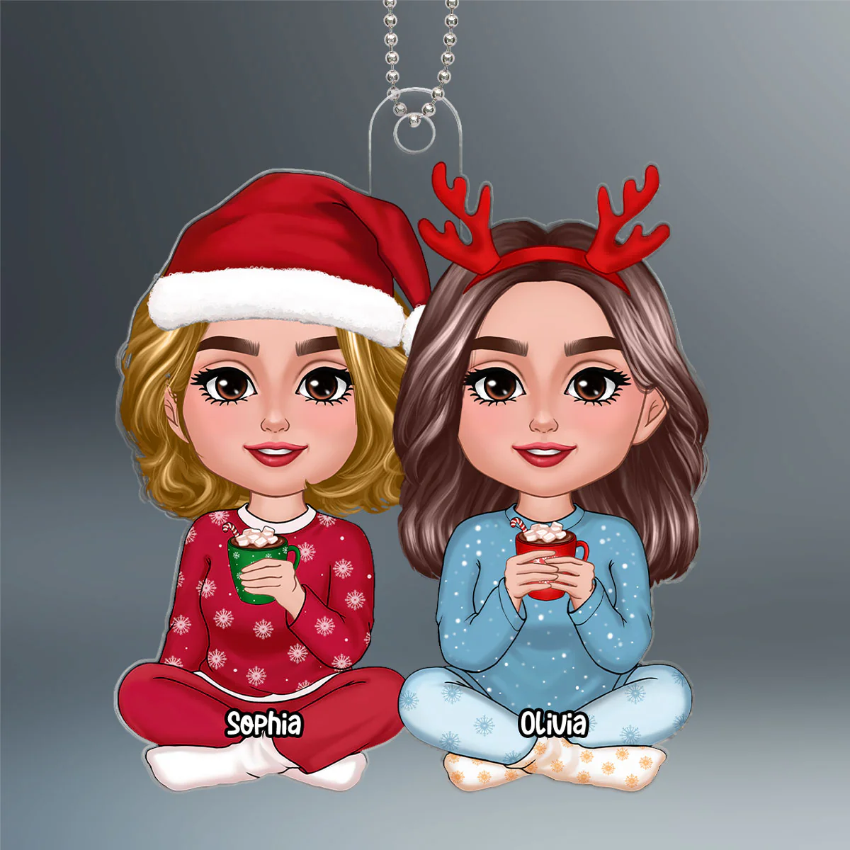Christmas Doll Besties Sisters Sitting Together Personalized Acrylic Ornament - Image 2
