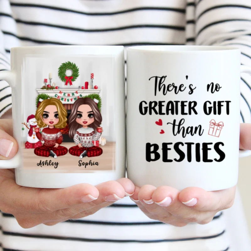 Christmas Doll Besties Sitting At Fireplace Personalized Mug - Image 2