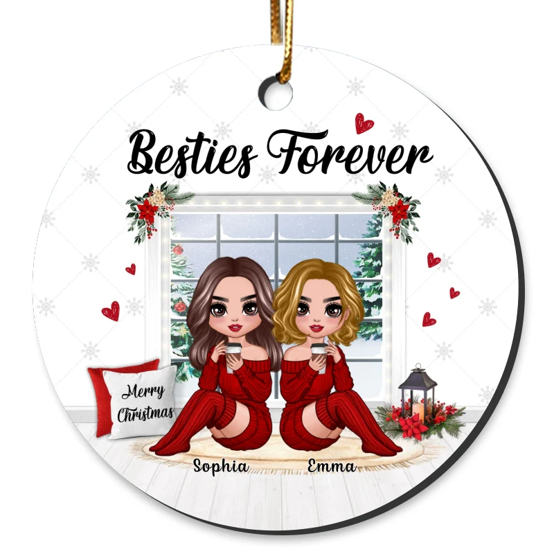 Christmas Doll Besties Sitting By The Window Personalized Circle Ornament - Image 2