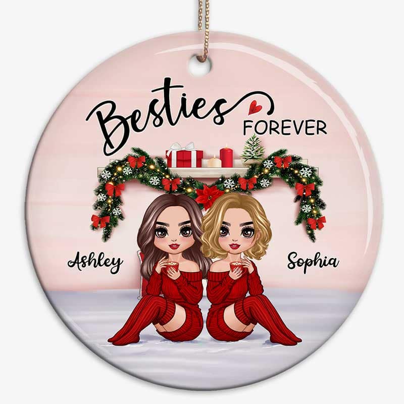 Christmas Doll Besties Sitting On Bed Personalized Circle Ornament