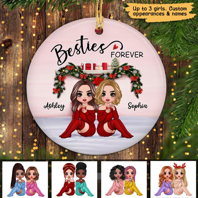 Christmas Doll Besties Sitting On Bed Personalized Circle Ornament - Image 2