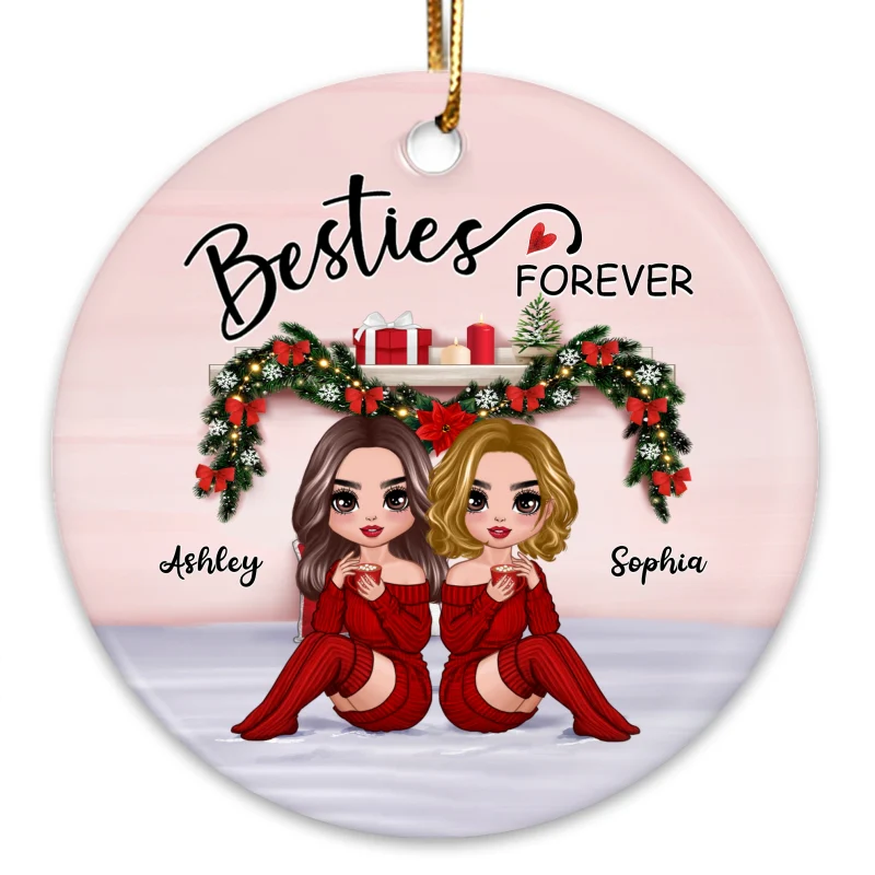 Christmas Doll Besties Sitting On Bed Personalized Circle Ornament - Image 3