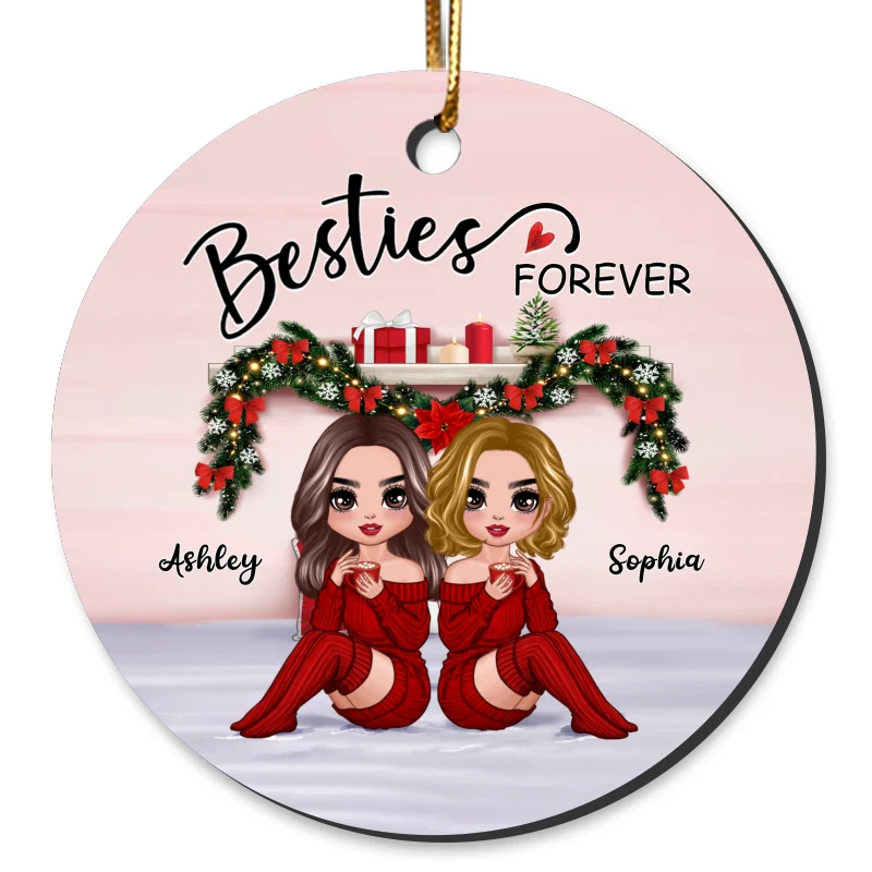 Christmas Doll Besties Sitting On Bed Personalized Circle Ornament - Image 4