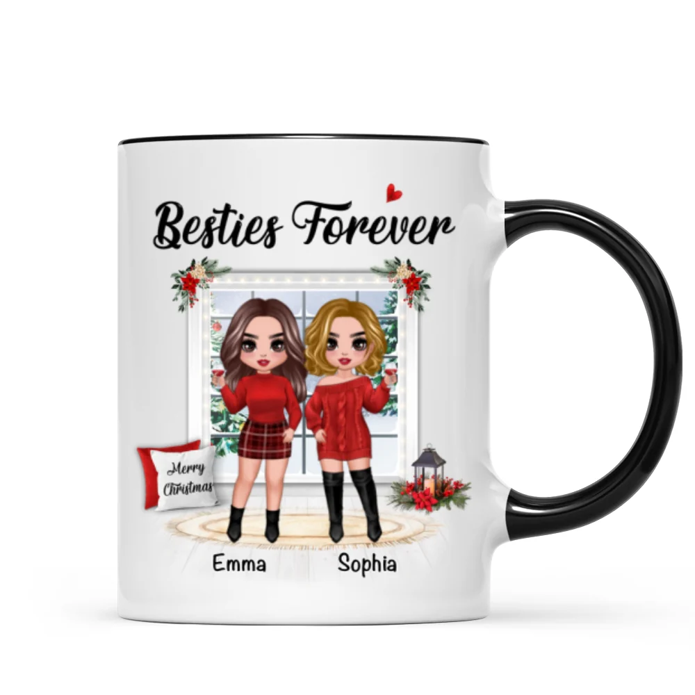 Christmas Doll Besties Standing By The Window Personalized Mug - Image 2