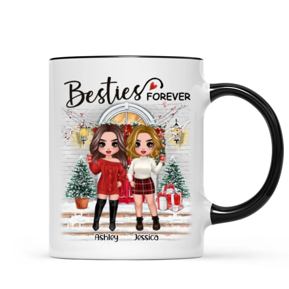 Christmas Doll Besties Standing On Front Porch Personalized Mug - Image 2