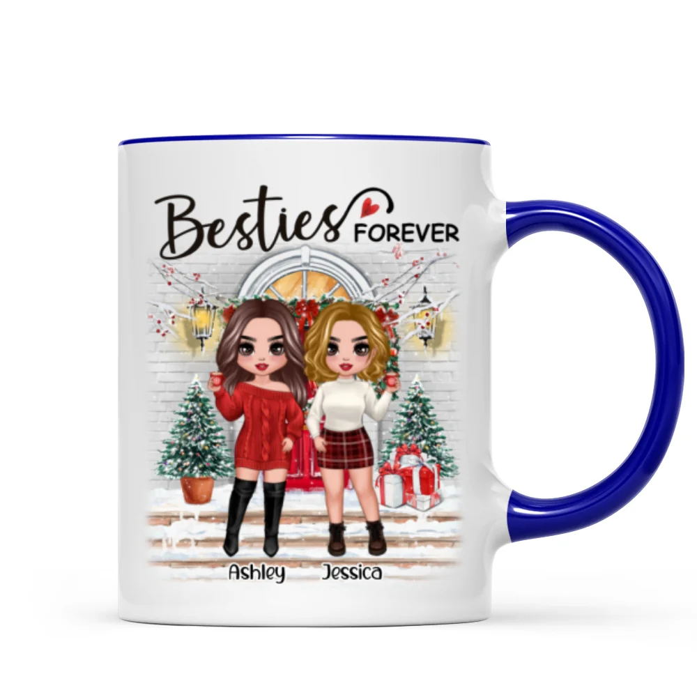 Christmas Doll Besties Standing On Front Porch Personalized Mug - Image 3