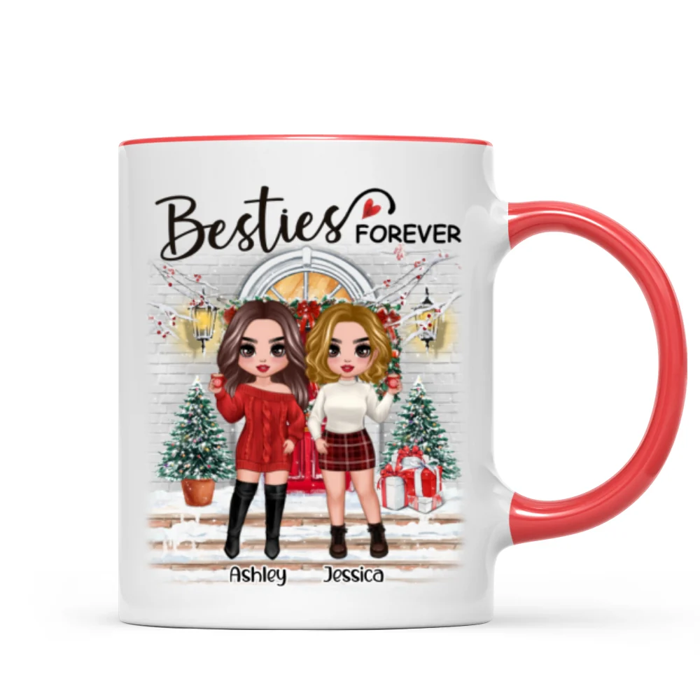 Christmas Doll Besties Standing On Front Porch Personalized Mug - Image 4