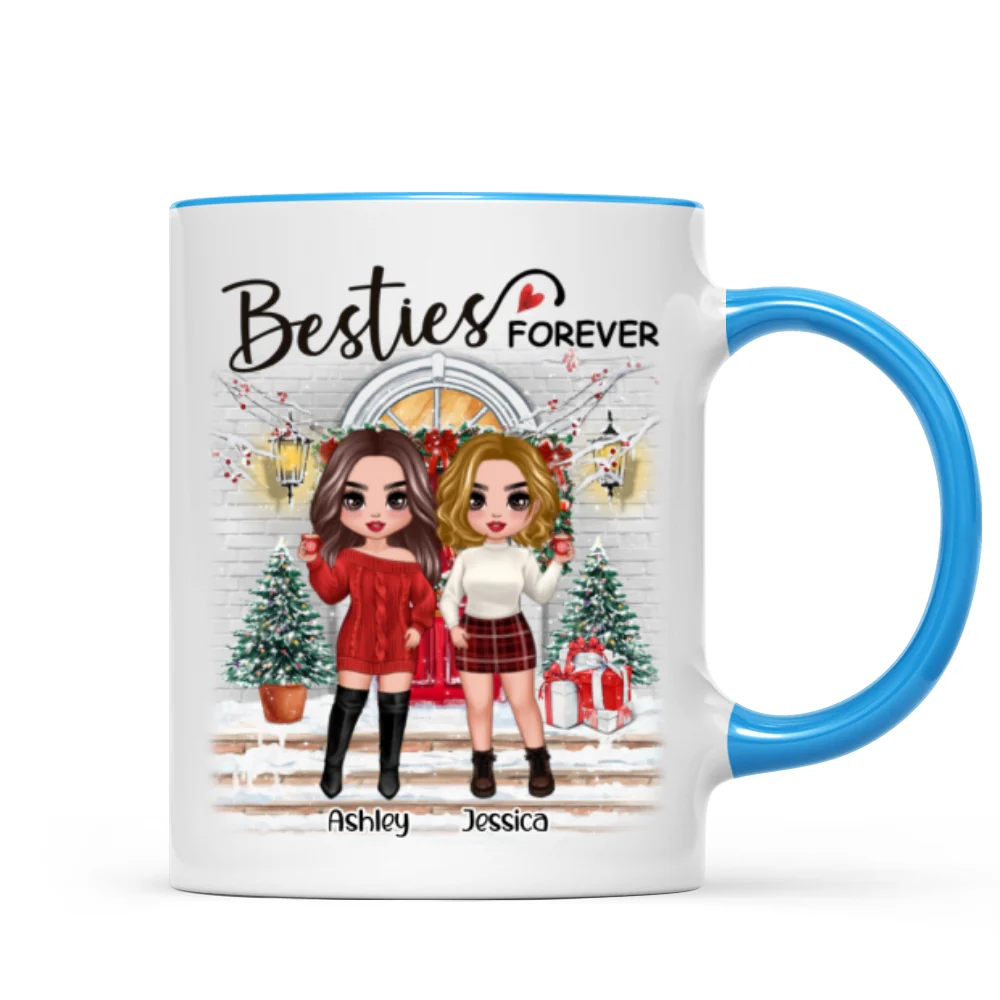 Christmas Doll Besties Standing On Front Porch Personalized Mug - Image 5