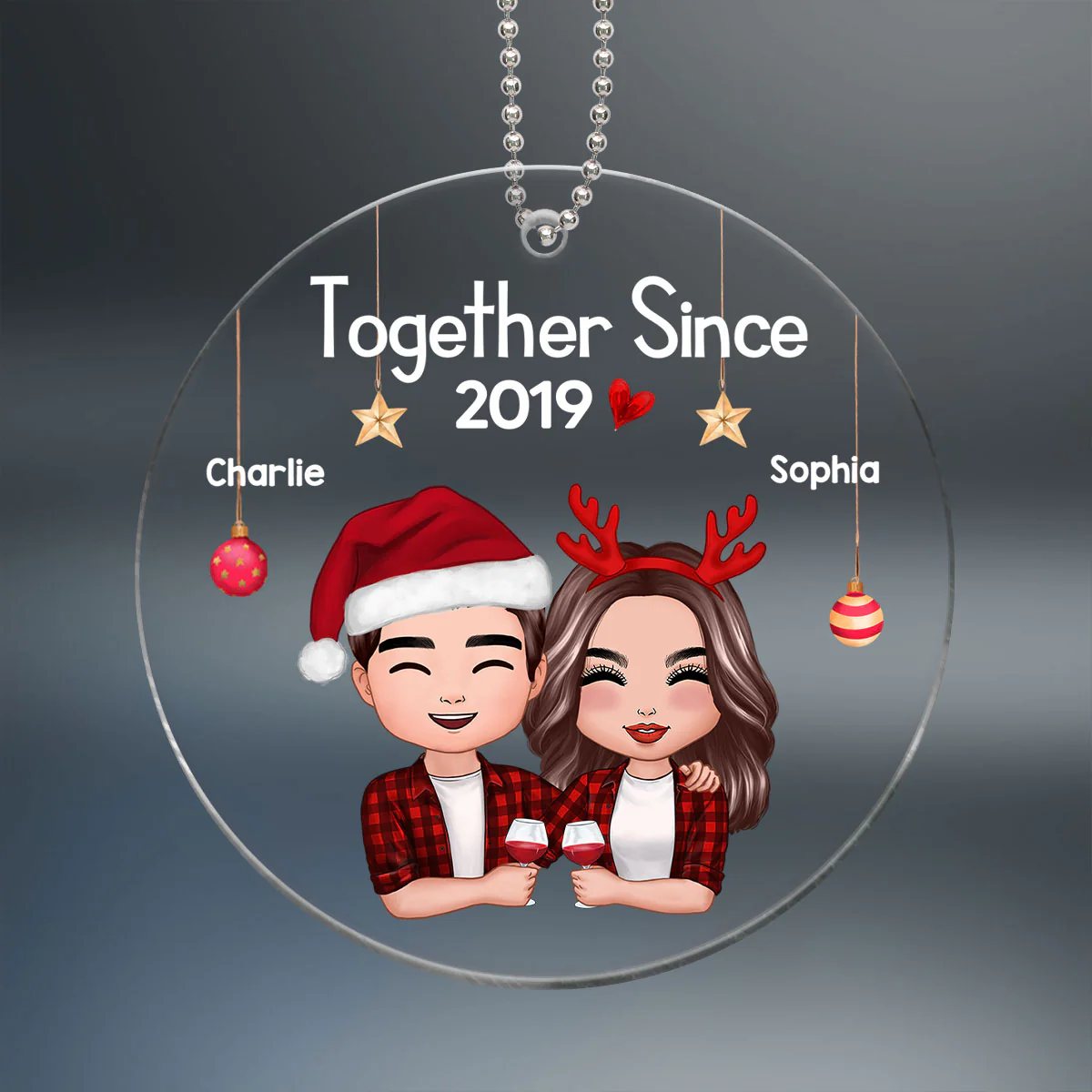 Christmas Doll Couple Hugging Holding Drinks Personalized Acrylic Ornament - Image 2