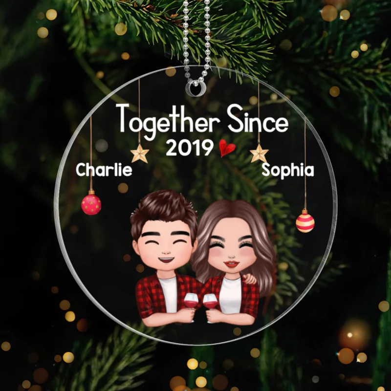 Christmas Doll Couple Hugging Holding Drinks Personalized Acrylic Ornament - Image 4