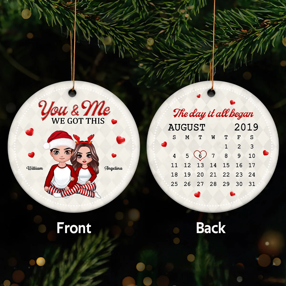 Christmas Doll Couple Hugging Sitting Calendar Anniversary Date Personalized Double Sided Circle Ornament