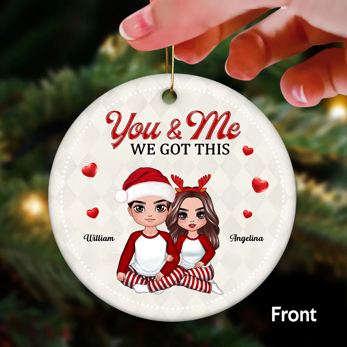 Christmas Doll Couple Hugging Sitting Calendar Anniversary Date Personalized Double Sided Circle Ornament - Image 2