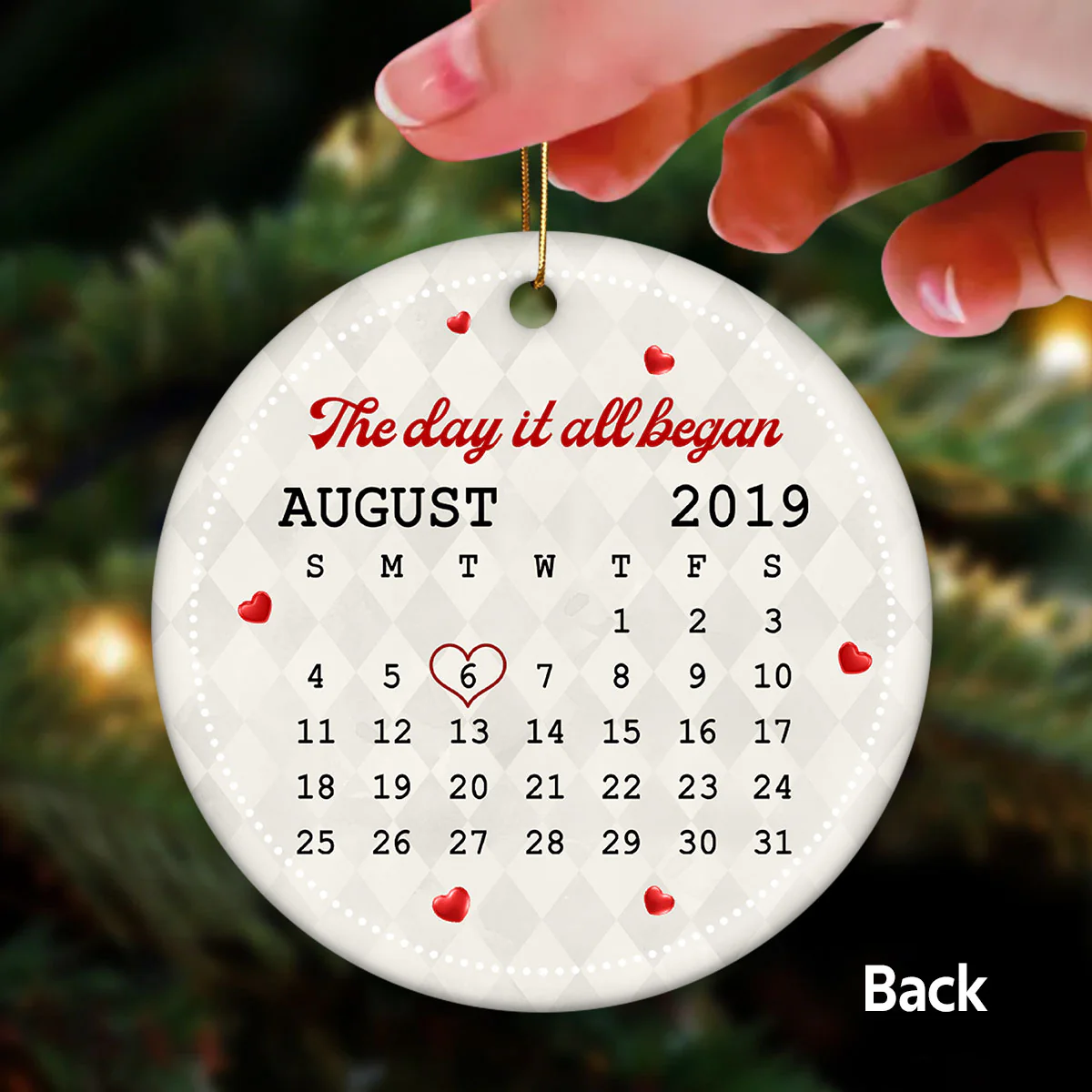 Christmas Doll Couple Hugging Sitting Calendar Anniversary Date Personalized Double Sided Circle Ornament - Image 3