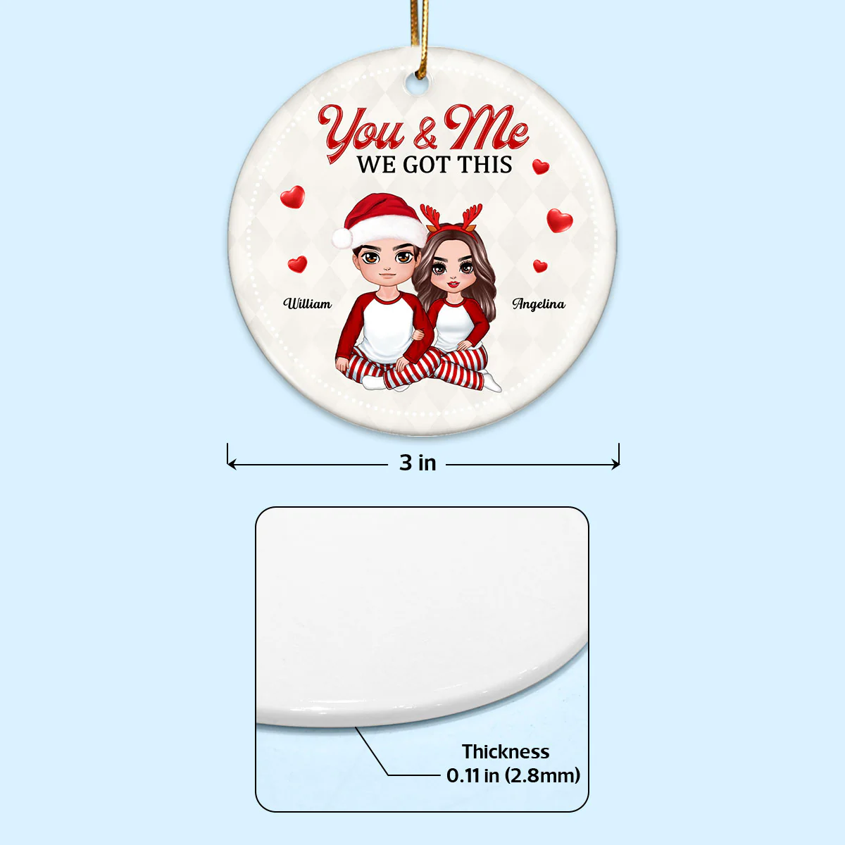 Christmas Doll Couple Hugging Sitting Calendar Anniversary Date Personalized Double Sided Circle Ornament - Image 4