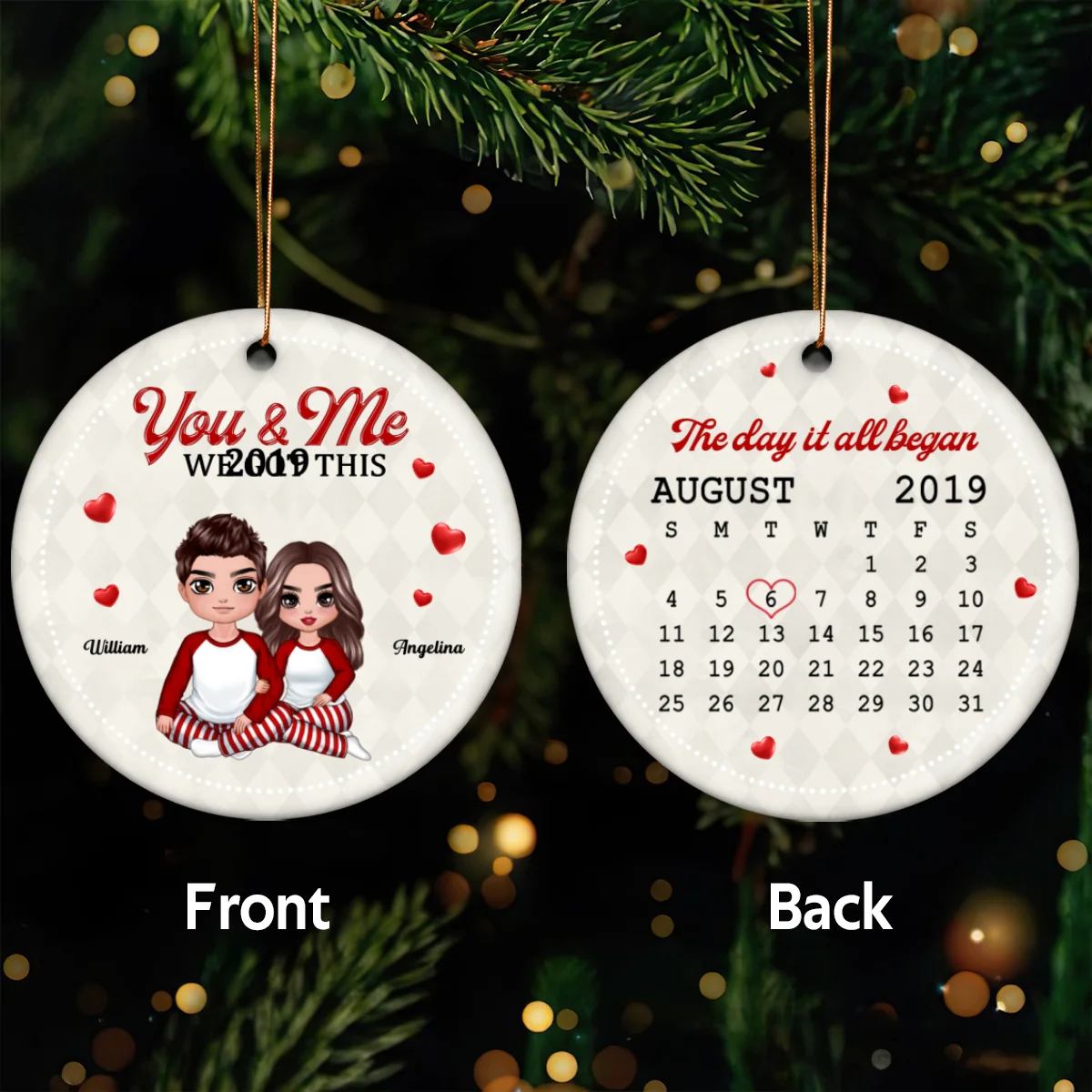 Christmas Doll Couple Hugging Sitting Calendar Anniversary Date Personalized Double Sided Circle Ornament - Image 5