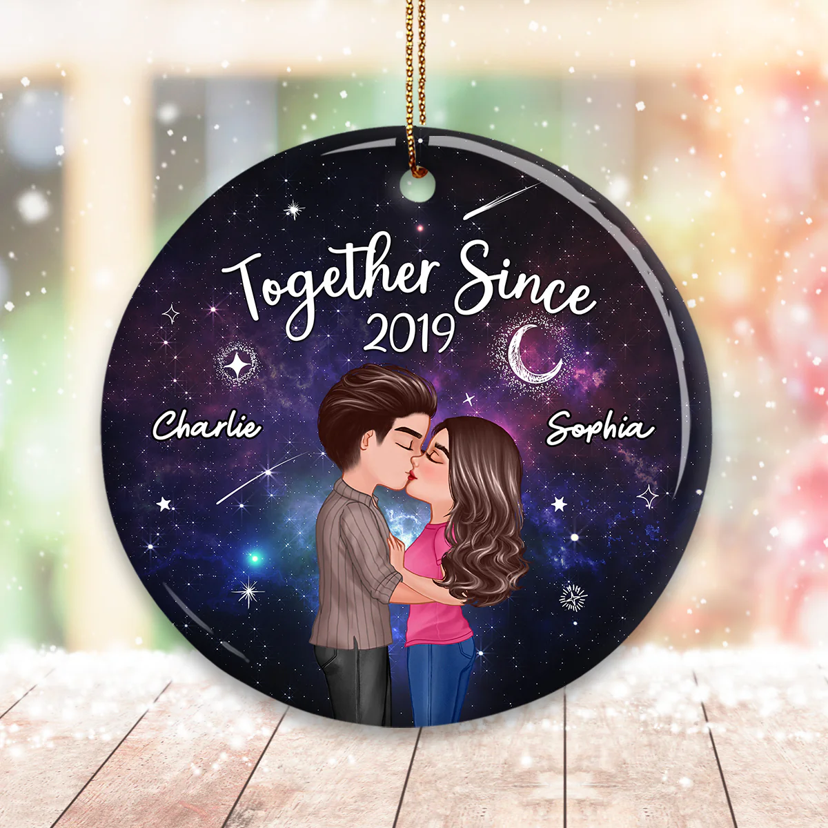 Christmas Doll Couple Kissing In Galaxy Night Personalized Circle Ornament - Image 2