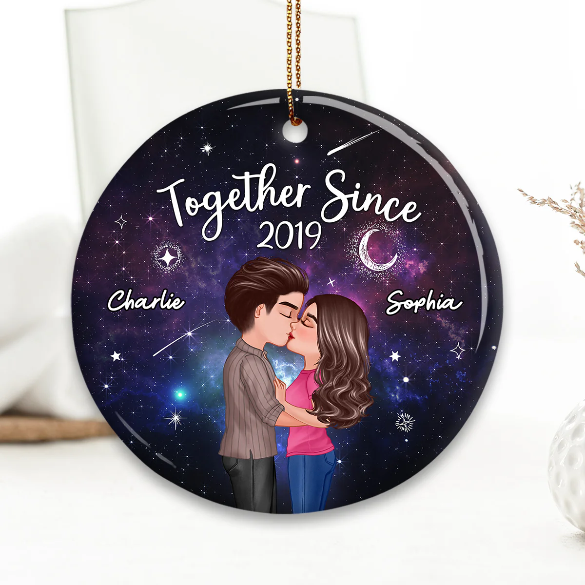 Christmas Doll Couple Kissing In Galaxy Night Personalized Circle Ornament - Image 3