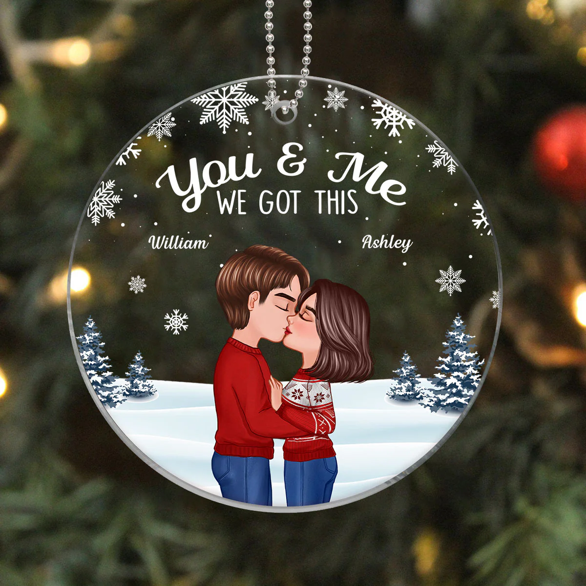 Christmas Doll Couple Kissing Under Snow Personalized Acrylic Ornament - Image 3