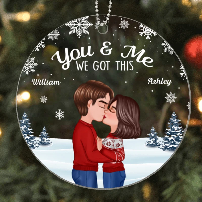 Christmas Doll Couple Kissing Under Snow Personalized Acrylic Ornament - Image 4