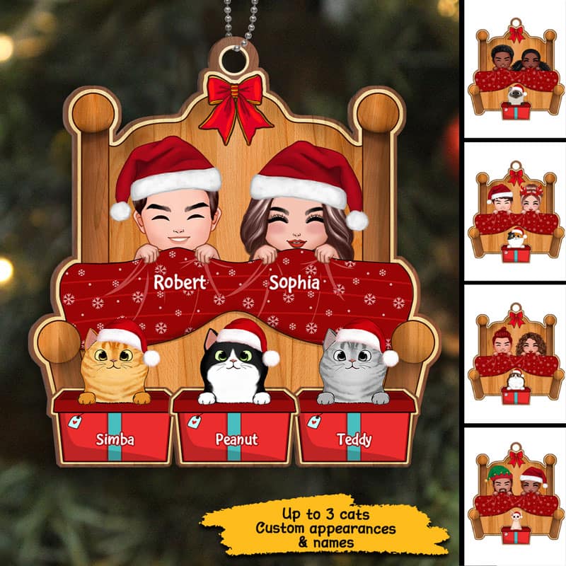 Christmas Doll Couple On Bed With Cats Personalized Wooden Ornament - Image 2