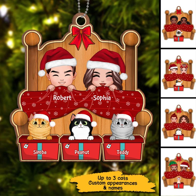 Christmas Doll Couple On Bed With Cats Personalized Wooden Ornament - Image 3