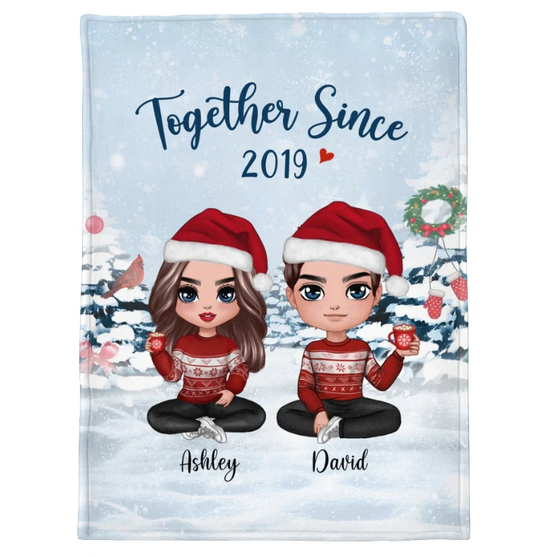 Christmas Doll Couple Sitting Gift For Him For Her Personalized Fleece Blanket - Image 6
