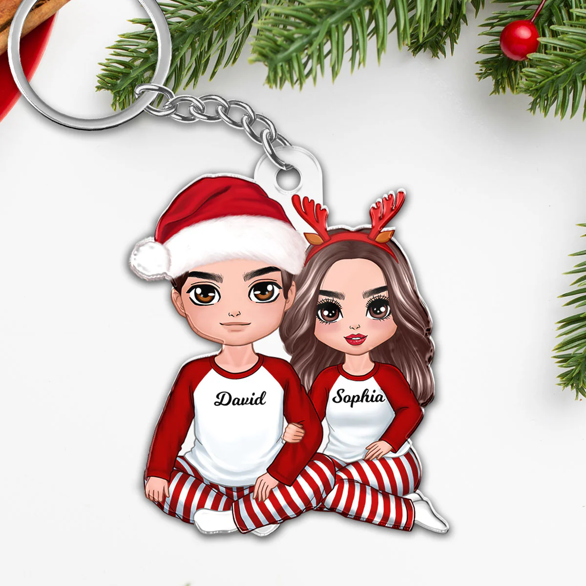 Christmas Doll Couple Sitting Hugging Personalized Acrylic Keychain