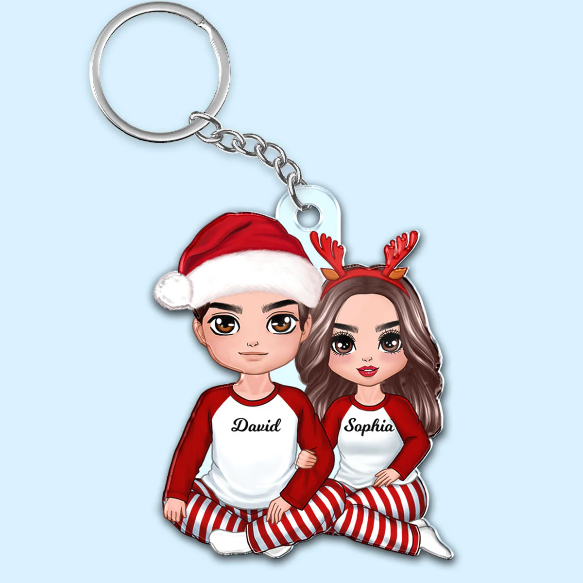 Christmas Doll Couple Sitting Hugging Personalized Acrylic Keychain - Image 2