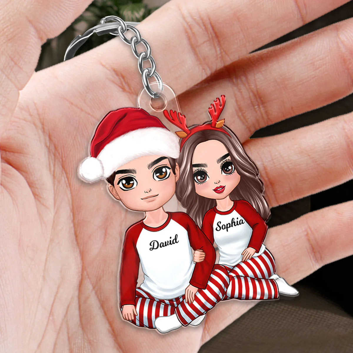 Christmas Doll Couple Sitting Hugging Personalized Acrylic Keychain - Image 3