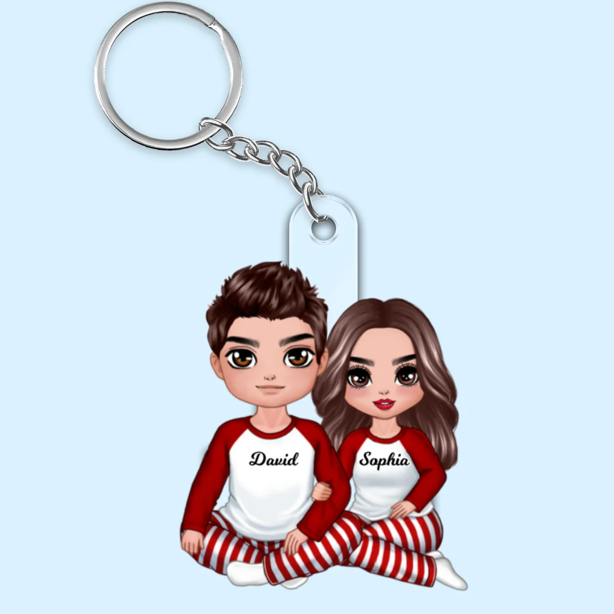 Christmas Doll Couple Sitting Hugging Personalized Acrylic Keychain - Image 4