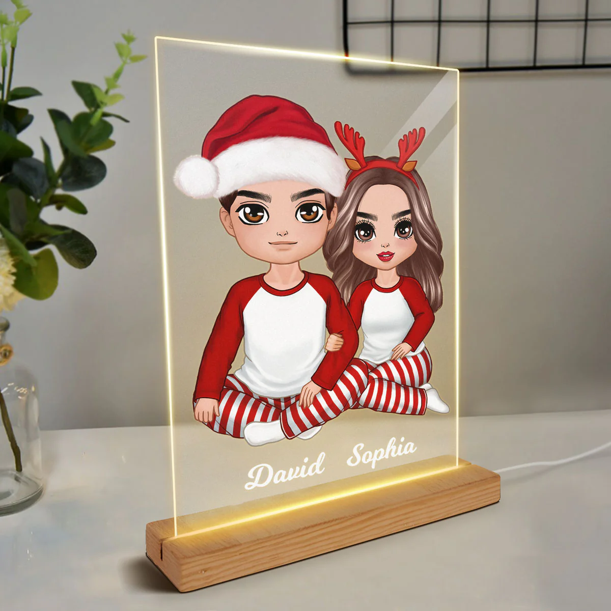 Christmas Doll Couple Sitting Hugging Personalized Acrylic LED Night Light - Image 3
