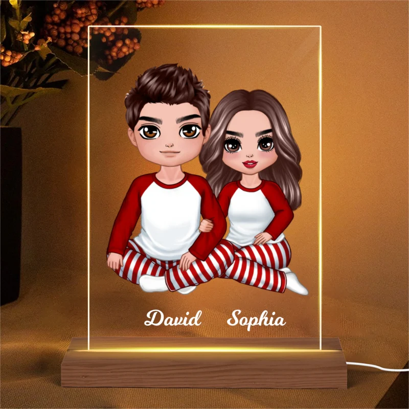 Christmas Doll Couple Sitting Hugging Personalized Acrylic LED Night Light - Image 4