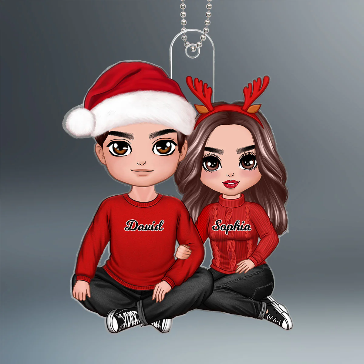 Christmas Doll Couple Sitting Hugging Personalized Acrylic Ornament - Image 2
