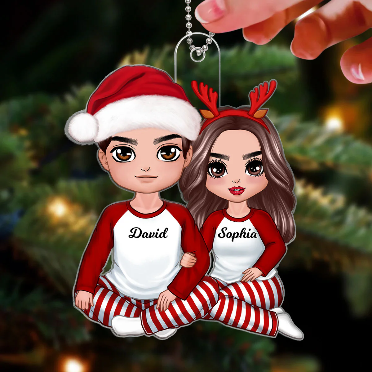 Christmas Doll Couple Sitting Hugging Personalized Acrylic Ornament - Image 3