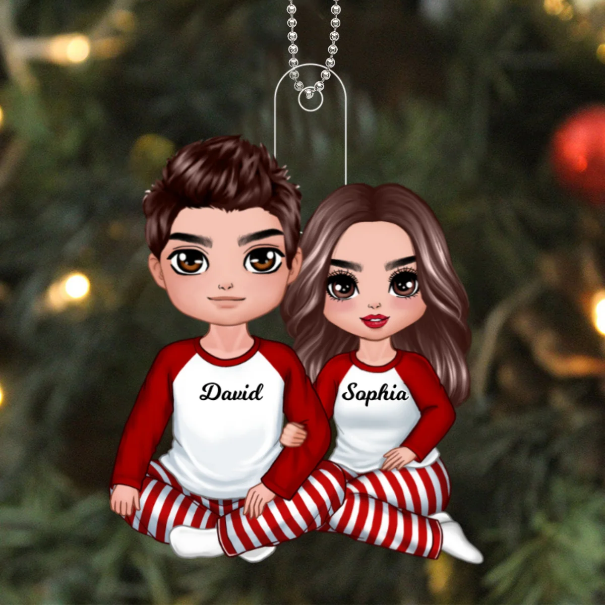 Christmas Doll Couple Sitting Hugging Personalized Acrylic Ornament - Image 5